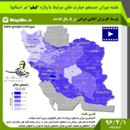 نقشه میزان علاقه مندی استانها به تماشای فیلم بر اساس میزان جستجو کاربران آنلاین در بازه زمانی 5 سال گذشته قبل از سال 96