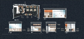 فایل اتوکد طراحی کافه تریا همراه با پلان مبلمان شده، برش و نماهای دقیق