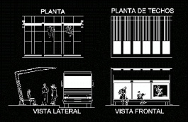 فایل اتوکد طراحی ایستگاه اتوبوس همراه با پلان، دید از روبرو و جانب