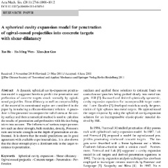 ترجمه مقاله A spherical cavity expansion model for penetration of ogival-nosed projectiles into concrete targets with shear-dilatancy (مکانیک و عمران)