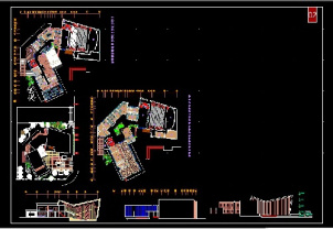 فایل اتوکد طراحی مجتمع فرهنگی و هنری همراه با پلان های پروژه، نماها و برش ها