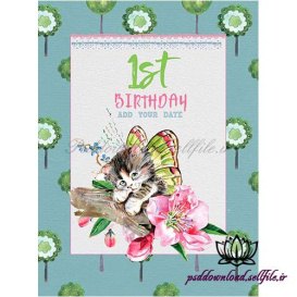 کارت دعوت تولد با طرح گربه ، پروانه و شاخه درخت