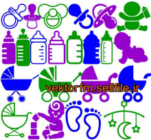 وکتور نوزاد-وکتور پستونک-شیشه شیر-کالسکه نوزاد-رد پای کودک-وکتور لوازم کودک سیسمونی-بیش از 20 وکتور-فایل کورل