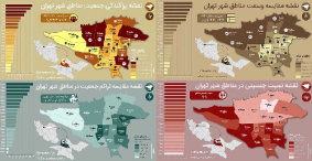 دانلود 4 نقشه موضوعی کاربردی جمعیت،مساحت،تراکم جمعیت و نسبت مرد به زن مناطق شهر تهران بر اساس سرشماری سال 95