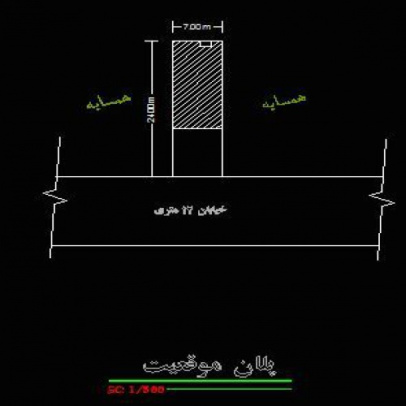 نقشه و پلان معماری در زمین با عرض 7 متر شمالی و معبر در جنوب