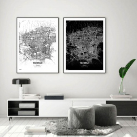 پوستر نقشه مدرن شهر تهران در دورنگ سیاه و سفید به فرمت pdf