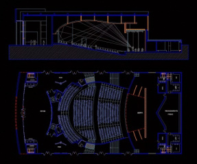 فایل اتوکد طراحی سالن چند منظوره تئاتر همراه با پلان های دقیق و برش
