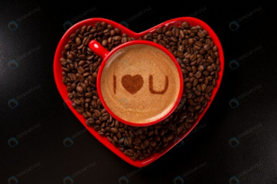 عکس استوک فنجان قهوه با آرت و بشقاب با دانه های قهوه به شکل قلب