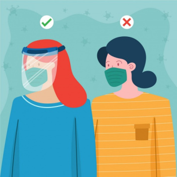 وکتور طرح کارتونی استفاده از ماسک و شیلد محافظ صورت برای پیشگیری از ویروس کرونا