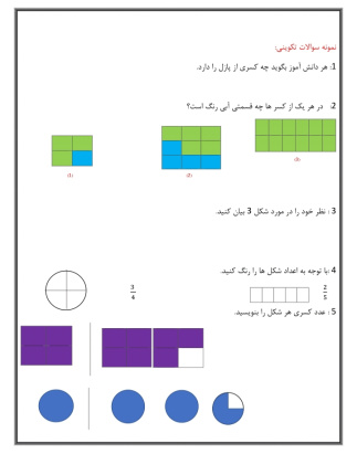 نمونه سوال تکوینی و پایانی شناخت کسرها پایه چهارم