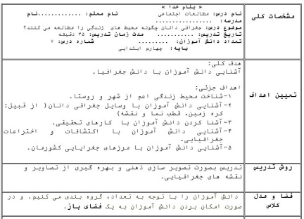 طرح درس مطالعات اجتماعی چهارم ابتدایی-جغرافی دانان چگونه محیط های  زندگی را مطالعه می کنند؟