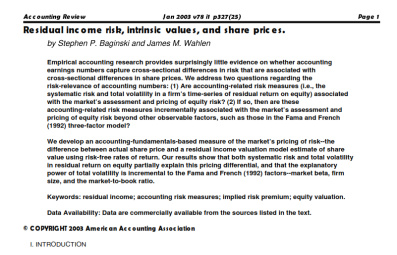 مقاله ترجمه شده حسابداری با عنوان ریسک سود مازاد ارزش های ذاتی قیمت سهام