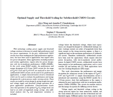 ترجمه مقاله با عنوان تامین بهینه و آستانه مقیاس گذاری در مدارهای زیرآستانه CMOS به همراه اصل مقاله