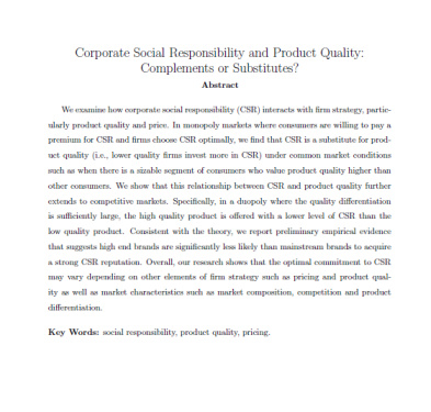 مقاله ترجمه شده با عنوان مسئولیت اجتماعی شرکت و کیفیت محصول: مکمل یا جایگزین؟، به همراه اصل مقاله