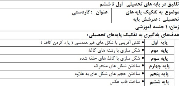 طرح درس هنر شش پایه (اول تا ششم) موضوع کاردستی