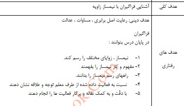 طرح درس رياضي موضوع نيمساز يك زاويه پایه پنجم