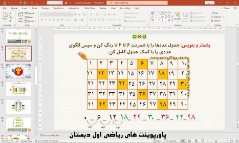 پاورپوینت تم 22 ریاضی پایه اول دبستان (ابتدائی):  شمردن الگوهای 2 و 5 و 6 و 7 ، آشنایی با تقویم