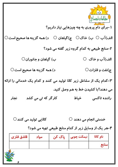 کاربرگ هفته ی اول بهمن ماه پایه سوم دبستان (ابتدائی): (فارسی، ریاضی، علوم، هدیه و مطالعات)