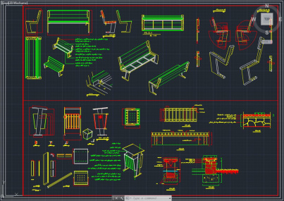دانلود نقشه اتوکد جزییات اجرایی لوازم پارک (نیمکت، سطل زباله، سکوی نشیمن ) پارکی کاملا اجرایی