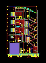 فایل اتوکد برش ساختمان مسکونی 5 طبقه با کد ارتفاعی و مبلمان کامل رد شده از پله قابل ویرایش