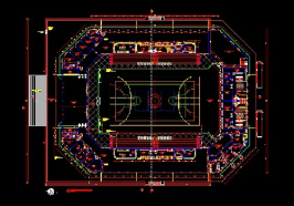 فایل اتوکد طراحی ورزشگاه (مرکز ورزشی) همراه با پلان های مبلمان شده، مقاطع و نماها