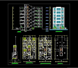 فایل اتوکد طراحی آپارتمان مسکونی پنج طبقه همراه با پلان های مبلمان شده، مقاطع و نماها